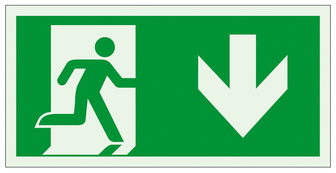 Jälkivalaisevat poistumisopasteet Alas